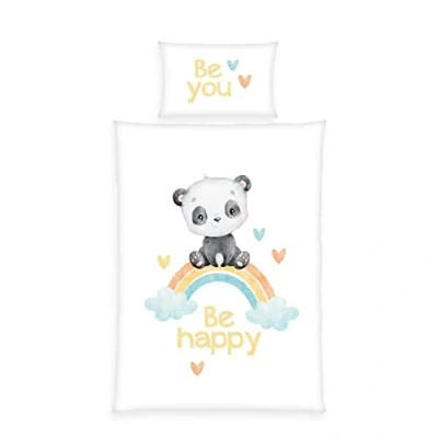 Immagine di Herding Biancheria da Letto per Bebè Panda con Arcobaleno, MADE IN GREEN by OEKO TEX, Federa 40 x 60 cm Chiusura a Busta, Copripiumino 100 135 Bottoni, Cotone, Flanella