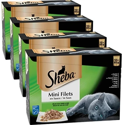 Immagine di Sheba Filettini in salsa per gatti adulti, cibo umido gatti, selezione tera e mare (48 confezioni salva freschezza da 85 g)