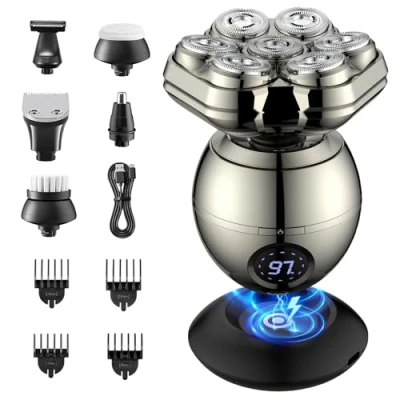 Immagine di ETENTOUS Rasoio Testa Calva Uomo 7D Magnetici Elettrico Barba Ricaricabile Capelli Impermeabile con Display LED IPX7 Corpo uomo/9 Kit di Bellezza.