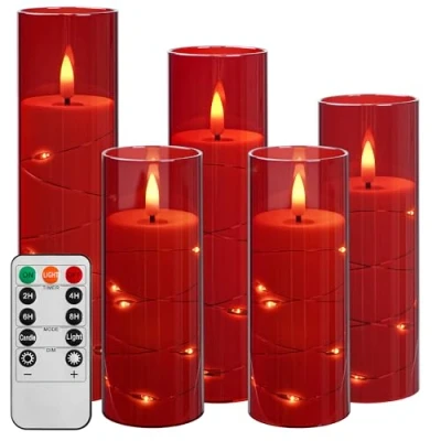 Immagine di Da by candela a LED con luce corda, alimentata batteria telecomando e timer 24 ore, lucida senza fiamma per la decorazione domestica (bianca, set di 5)