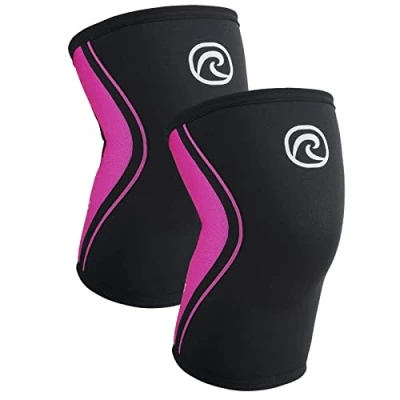 Immagine di Rehband Benda per ginocchio Powersport, fascia Cross Fit e allenamento pesante in neoprene da 5 mm, Colore:Rosa 1 Paio, Misura:M