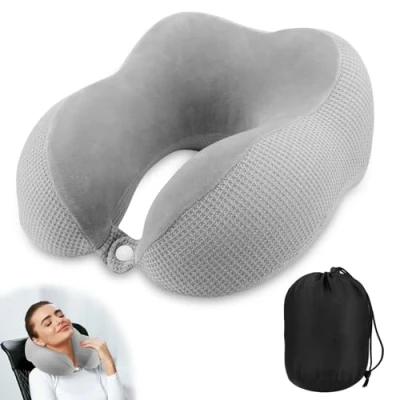 Immagine di Cuscino da Viaggio, Cervicale Viaggio per il Collo in Memory Foam, Collo, con Borsa Trasporto, Viaggiare Aereo, Auto e Treno, Grigio