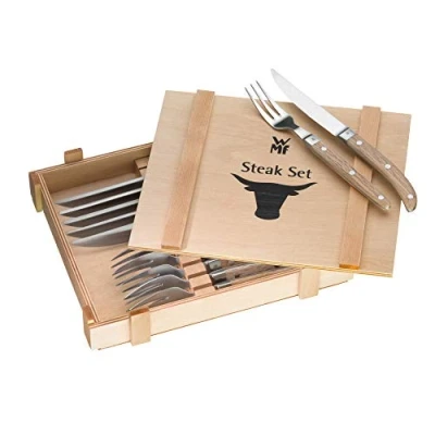 Immagine di WMF Geschenkidee Ranch Blade Set di Posate da Bistecca in Legno Quercia Cromargan, per 6 Persone, Acciaio Inossidabile, Multicolore, 26 x 23 5.5 cm, 12 unità