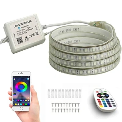 Immagine di FOLGEMIR 15 metro striscia LED RGB, controllata tramite Bluetooth/APP, catena luminosa dimmerabile 230 V, 5050 SMD 60 LED/m, nastri impermeabile IP65 con trasformatore e telecomando IR