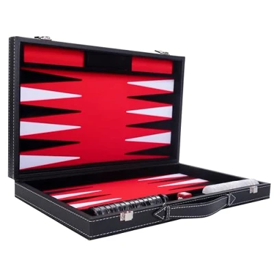 Immagine di Engelhart 250507 Backgammon di Lusso 38 cm Materiali Alta Qualità Pelle Similpelle, Intarsio Speciale in Feltro Dadi e Gettoni Perlati + 2 Tazze Pro. Tempo Libero (Rossa)