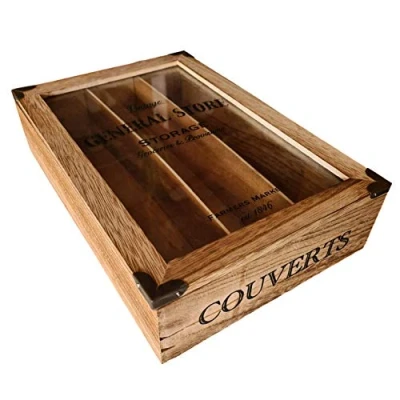 Immagine di Scatola per posate, in stile rustico shabby chic, con 3 scomparti, coperchio vetro.