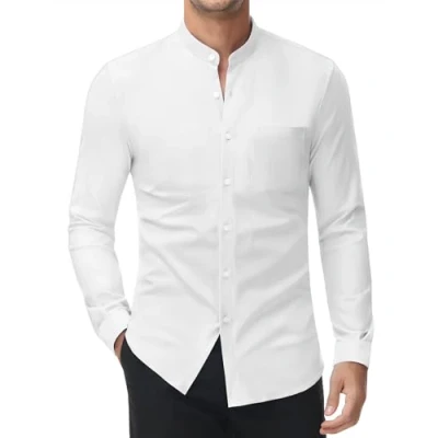 Immagine di DEMEANOR Camicia elasticizzata senza colletto, da uomo, a maniche lunghe, lavoro, slim fit, stiratura, 1 bianco., S