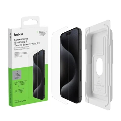 Immagine di Belkin ScreenForce UltraGlass 2 Proteggi schermo antimicrobico per iPhone 15 Pro Max, antigraffio, sottile, con durezza di 9H, include un supporto allineamento un&#039;applicazione senza bolle