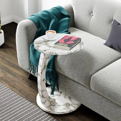 Immagine di [en.casa] Tavolino da Divano (AxØ) 56 x 38 cm Basso a Forma di C Consolle con 4 Rotelle e Piano Rotondo Effetto Marmo Bianco Crema