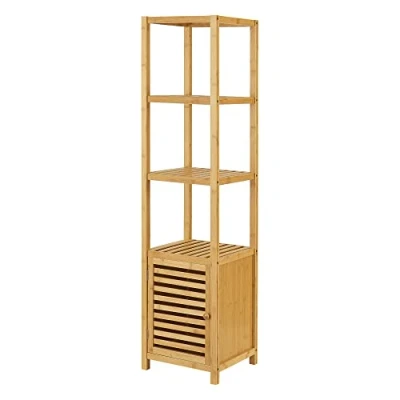 Immagine di Mobile a Terra da Stoccaggio (AxLxP) 140 x 34 33 cm Organizzatore con Anta e 4 Ripiani in bambù per Bagno