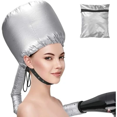 Immagine di Casco per asciugatura cuffia asciugacapelli elastico attacco a phon grigio portatile professionale capelli ricci