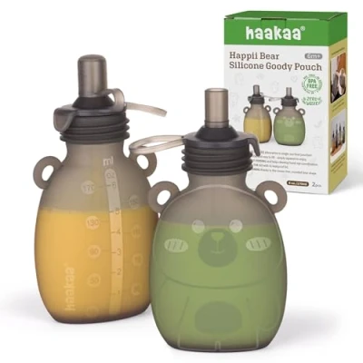 Immagine di haakaa Happii Bear Sacchetti riutilizzabili in silicone per alimenti bambini, puree, succhi di frutta, frullati e yogurt fatti casa, perfetti bambini confezione da 2, 170 g