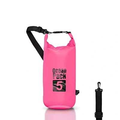 Immagine di Dry Bag, Borsa Sacca Zaino impermeabile Waterproof, chiusura a rotolo e tracolla, custodia per cellulare marsupio Mare Barca Pesca Rafting Spiaggia Sport Acquatici (Pink, 5l)