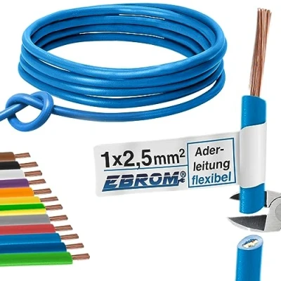 Immagine di Cavo di cablaggio Singolo flessibile in PVC H07V K 2,5 mm² Colore: azzurro molte lunghezze disponibili incrementi 5 metri, lunghezza: 15 m