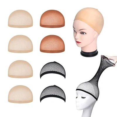 Immagine di 8 cappucci per parrucche, cosmetici unisex, 4 capelli in nylon elastici colorati + 2 marrone e retine parrucche nere.