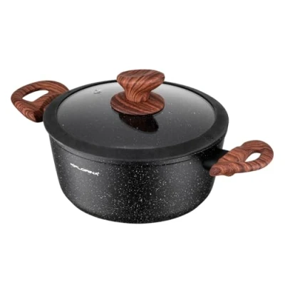 Immagine di FLORINA Master Black Aluminium Pot 28 cm 6.5 L Non Stick Coating for All Hobs Including Induction Ergonomic Soft Touch Handle Lid with Silicone Rim Heat Resistant Easy to Clean