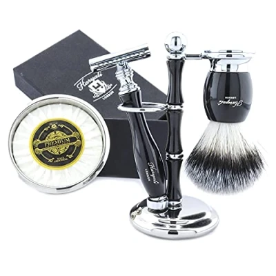 Immagine di Kit da barba uomo, 5 pezzi, spazzola per capelli di tasso, supporto in acciaio inossidabile lucidato a mano, ciotola barba, rasoio sicurezza e sapone