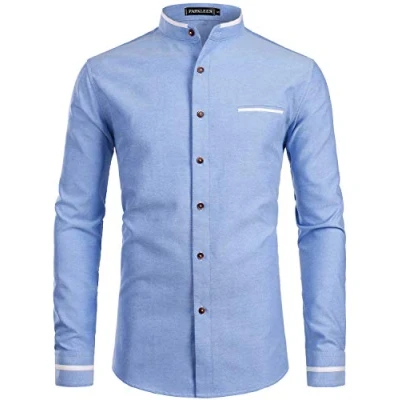 Immagine di PARKLEES Camicia Oxford da uomo con colletto a nonno, vestibilità aderente, maniche lunghe, casual, bottoni, tasca, Pz113 azzurro, XL