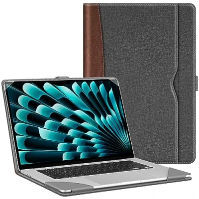 Immagine di FINTIE Custodia Compatibile con MacBook Air 15 M3 M2 2023 2024 (Modello A3114/A2941), Folio Protettiva Cover in Similpelle per 15,3 Pollici, Grigio/Marrone