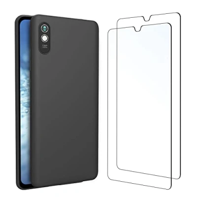 Immagine di NEW&#039;C Cover per Xiaomi Redmi 9A in Silicone Custodia Ultra Sottile Nero e 2 x Vetro temperato 9A, Pellicola Protettiva Schermo