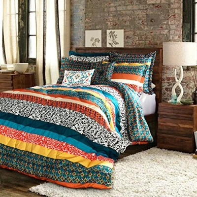 Immagine di Lush Decor Boho Striped Set di Biancheria da Letto Double Face in Stile Bohémien, 7 Pezzi, Poliestere, Turchese e Mandarino, Full/Queen