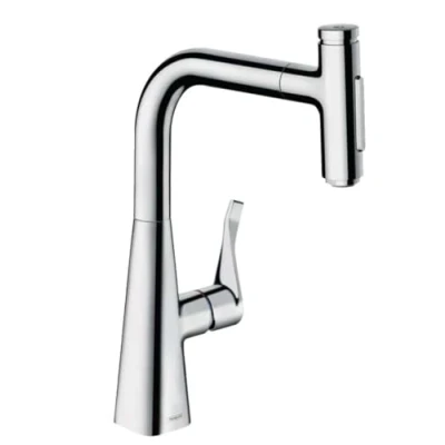 Immagine di hansgrohe Metris Select Rubinetto da cucina con doccetta estraibile (2 getti), guida del tubo flessibile (sBox), Miscelatore altezza bocca 240 mm, girevole, cromo, 73817000