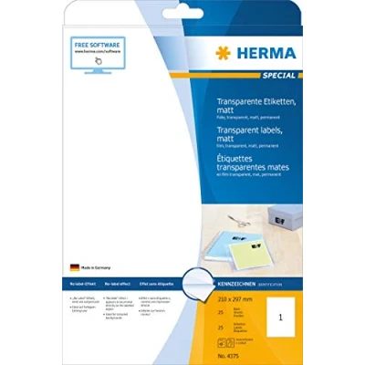 Immagine di HERMA Etichette per Marcatura, 210 x 297 mm, Adesive A4 Stampante, 1 Foglio, Trasparente