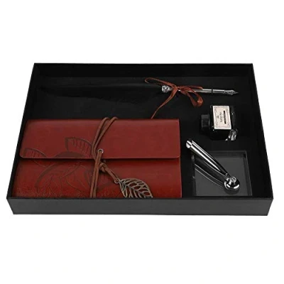Immagine di VBESTLIFE Classica Retro Fountain Feather Pen Dip Calligrafia Penna Scatola di Scrittura Set Cartoline d&#039;Inchiostro Piuma con Notebook(Nero)