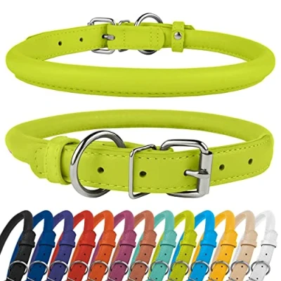 Immagine di CollarDirect collare per cani arrotolato in pelle, morbido rotondo imbottito cuccioli, fatto a mano vera pelle piccoli collari (11 14 pollici, testurizzato verde lime)