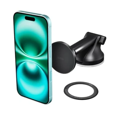 Immagine di iOttie iTap 3 Supporto magnetico per cruscotto e parabrezza, con adattatore ad anello magnetico, compatibile smartphone Qi2, MagSafe, iPhone Android.
