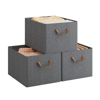 Immagine di WOLTU Set di 3 Scatole Portaoggetti Pieghevoli, Pieghevoli in Tessuto con Manici, per Vestiti e Giocattoli, Grigio, 42x32x26 cm, ABB10gbn
