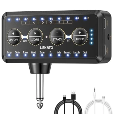 Immagine di LEKATO Guitar Headphone Amp, Mini Amplificatore per Chitarra con 10 Preset, Modelli di Amplificatore, Caricamento IR, Accordatore, Ricevitore Bluetooth, Inlay Multi Effetti