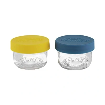 Immagine di Kilner 0.125L Set di 2 vasi in Vetro Conserve, 125 ml, con Coperchio Silicone Push Top, Perfetti per Snack e Alimenti, Trasparente, Blu Giallo
