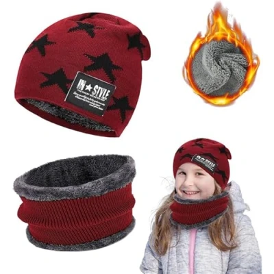 Immagine di Berretto Invernale per Bambini, Beanie Cappello con Sciarpa Set, Fodera in Pile Set Maglia Scaldacollo, Elastico cap, Ragazzo e Ragazza Attività all&#039;aperto, Rosso