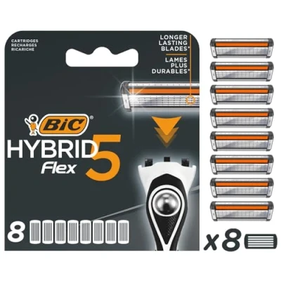Immagine di BIC Hybrid 5 Flex, Confezione da 8 testine per rasoio uomo snodabili a lame in titanio con nanotecnologia, nero/bianco