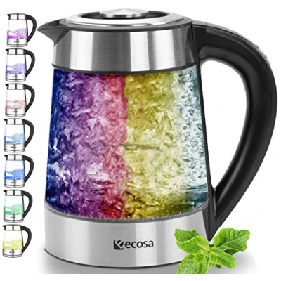Immagine di bollitore in vetro da 1,7 litri, 100% senza BPA, 2200 Watt, acciaio inox con scelta della temperatura, per tè, funzione di mantenimento del calore, regolazione