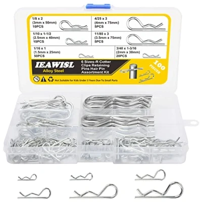 Immagine di Copiglie, 100 Pezzi Copiglie Clips R in Acciaio Zincato, Set di Coppiglie a Molla, Elastiche, Clip Coppiglia Fissaggio, Spine Sicurezza Assortimento Kit per Trattorini Tosaerba