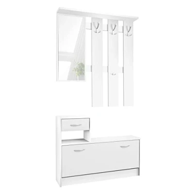Immagine di AVANTI TRENDSTORE Rudolf Guardaroba da Ingresso con Specchio, 3 Ganci appendiabito e Comoda scarpiera. Disponibile in diversi colori (Bianco)
