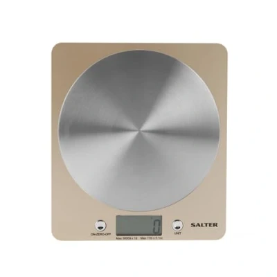 Immagine di Salter 1036 OLFEU16 Bilancia elettronica a disco, serie Olympus, 5 kg, sottile ed elegante, piattaforma in acciaio inox, Aggiungi e pesa, misurazione di liquidi fluidi, oro/acciaio inox