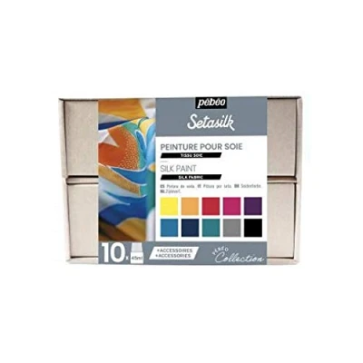 Immagine di Pébéo Setasilk Cofanetto Collezione Kit Pittura su Seta 10 Flaconi con Contagocce da 45 ml Assortiti + 2 Gutta all’Acqua 20 1 Tavolozza Pennello Piatto n. Spugna Guida Creativa