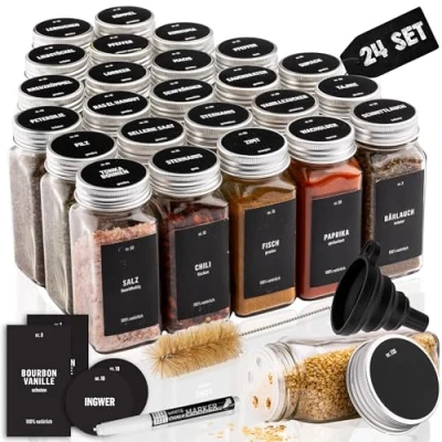Immagine di Deco haus® Set da 24 Contenitori per Spezie con Tappo a Vite Kit Condimenti Etichette, Imbuto, Spazzola, Pennarello Barattoli Portaspezie Piccoli in Vetro Trasparente 120ml, 10,5x4,3 cm