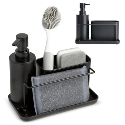 Immagine di KOOK TIME Dispenser Sapone Cucina Nero, Portasapone e Porta Spugna in Plastica, Detersivo Piatti, Organizzatore Lavello Compatto 21x12x19 cm. Nero Opaco