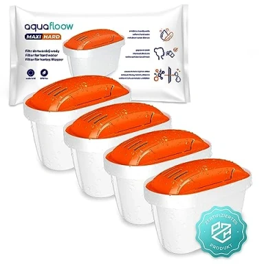 Immagine di Aquafloow MAXIHARD Cartucce Filtranti 4 Pezzi per l&#039;acqua, Riduce Cloro, Calcare e Impurità Compatibile con Brita Maxtra, Filter, Style, Marella, Elemaris, XL, Fun, Dafi, Philips