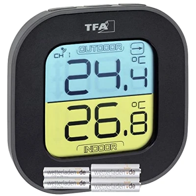 Immagine di TFA Dostmann FUN Termometro con sensore esterno radio interno/esterno, digitale, frecce di tendenza, nero, lunghezza 95 x larghezza 45 altezza 165 mm, nero batterie