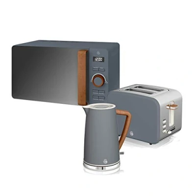 Immagine di Swan Nordic Set Colazione Bollitore 1,7L 2200W, Tostapane Pan Slot Larga 2 fette, Microonde 20L Digitale, Design Moderno Effetto Legno Grigio