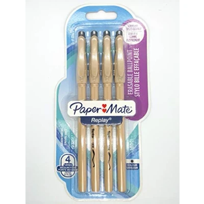 Immagine di Paper Mate Replay Penna a sfera cancellabile, punta media, 1 mm, confezione da 4, colore: Nero