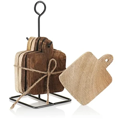 Immagine di com four® Set di sottobicchieri da 6 Pezzi in Vero Legno con Supporto per Tazze e Bicchieri Protezioni Tavolo Metallo (6 Legno)