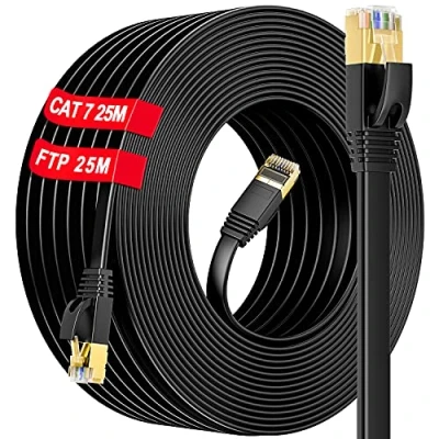 Immagine di Cat 7 Cavo Ethernet 25 metri, RJ45 25m di Rete LAN Alta Velocità Gigabit, Piatto Schermato Impermeabile, S/FTP, 10Gbps 600MHz (25 Clips) Più veloce Cat6/Cat5, per Switch/Router