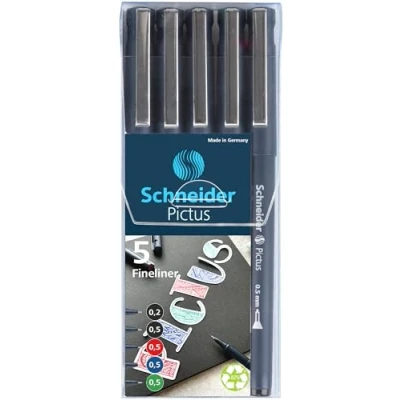 Immagine di Schneider Pictus Fineliner (tratto: 0,2 e 0,5 mm, penna a pigmenti per documenti, punta rivestita in metallo, cassa 85% plastica riciclata), colori assortiti, confezione da 5