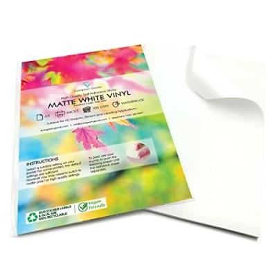 Immagine di Evergreen Goods™ 20 fogli di etichette adesive in vinile bianco opaco impermeabile stampabile a getto d&#039;inchiostro e laser retro autoadesivo A4 tagliatrice adatta per macchine Cricut Silhouette